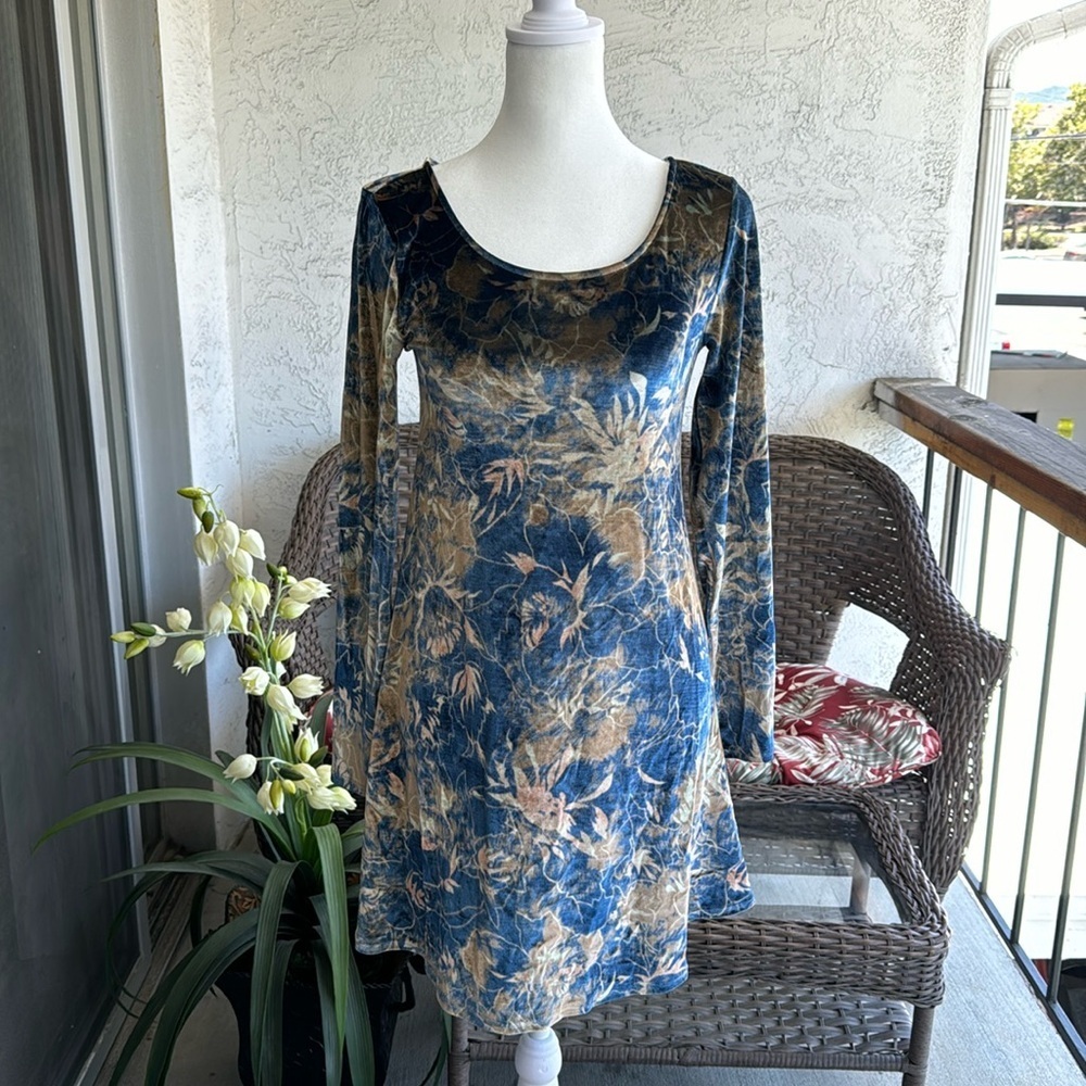Tilden Blue Floral Velour Dress Size XS